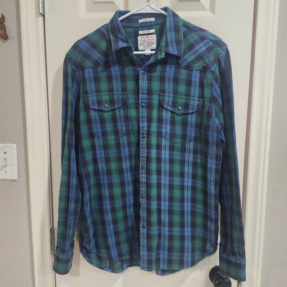 Lucky Brand Mens Green Blue Plaid Western Snap Flannel Shirt Classic Fit Medium